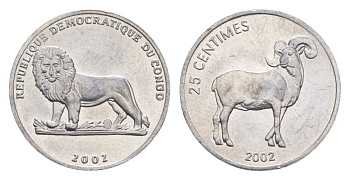 ДР Конго 25 сантимов 2002 Животные - Гривистый баран KM 77 алюминий 4651-616