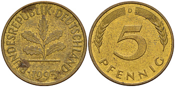 ФРГ 5 пфеннигов 1993 D J.382, KM 107 сталь плакированная латунью    4598-1118
