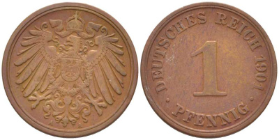 ГЕРМАНИЯ 1 ПФЕННИГ 1901 A KM 10, J. 10, Weege 2 медь 211-256