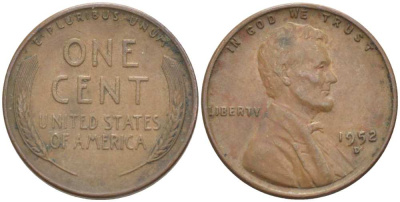 США 1 ЦЕНТ 1952 D, ЛИНКОЛЬН KM А132 медь цинк 218-963