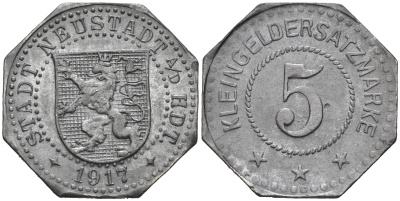 ГЕРМАНИЯ ПФАЛЬЦ НЬЮШТАДТ 5 ПФЕННИГОВ 1917 КЛЯЙНГЕЛЬД цинк 75-1161