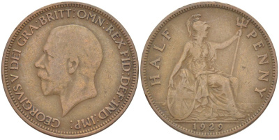 Великобритания 1/2 пенни 1929 Георг V (1910-1936) KM 837, Spink 4058 бронза 4513-554