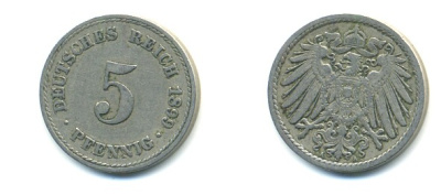 ГЕРМАНИЯ 5 ПФЕННИГОВ 1899 A, KM 11, J. 12 медно-никель 4379-514