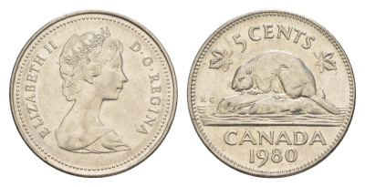 Канада 5 центов 1980 Елизавета II (1952-2022), бобр KM 60.2 никель 4639-513