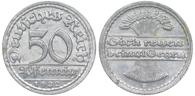 Германия 50 пфеннигов 1922 D KM 27, J. 301 алюминий aUNC 4145-1152