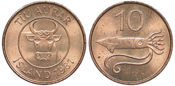 Исландия 10 эйре 1981 кальмар KM 25 бронза UNC 4596-267