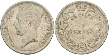 БЕЛЬГИЯ 5 ФРАНКОВ 1931 АЛЬБЕРТ I, DES BELGES KM 97.1 никель 3851-214