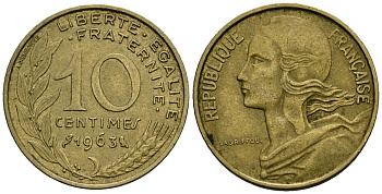 Франция 10 сантимов 1963 тип Marianne KM 929 алюминиевая бронза 4136-369