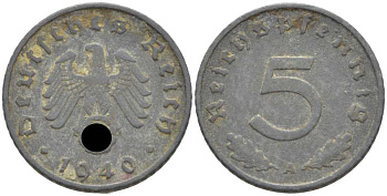 ГЕРМАНИЯ 5 РЕЙХСПФЕННИГОВ 1940 A KM 100, J. 370 цинк 105-233