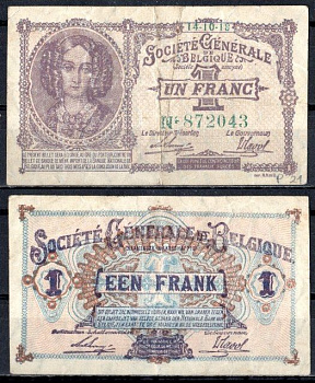 Бельгия 1 франк 1918 Немецкая Оккупация Pick 86 b бумага 8613-15-2-1