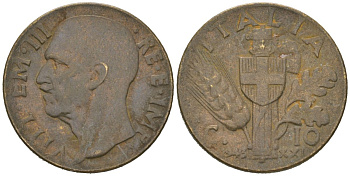 Италия 10 чентезимо 1943 R, Виктор Эммануил III (1900-1946) KM 74a алюминиевая бронза 113-244