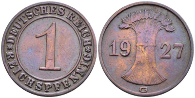 ГЕРМАНИЯ 1 РЕЙХСПФЕННИГ 1927 G KM 37, J. 313, Weege 2 бронза 4547-125