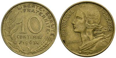 Франция 10 сантимов 1963 тип Marianne KM 929 алюминиевая бронза 4136-369