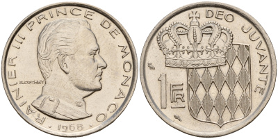 Монако 1 франк 1968 Ренье III (1949-2005) KM 140 никель    4601-936