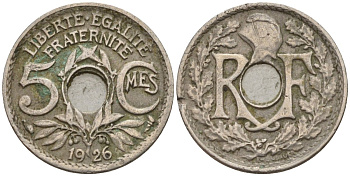 Франция 5 сантимов 1926 KM 875 медно-никель 4596-567