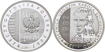 Польша 10 злотых 2007 MW, 125 лет со дня рождения Кароля Шимановского (1887-2007) KM 600 серебро PROOF 11-245-31