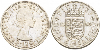 Великобритания 1 шиллинг 1963 Елизавета II (1952-2022), Английский герб KM 904, Spink 4147 медно-никель 77-334