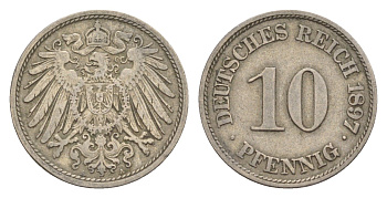 Германия 10 пфеннигов 1897 A, Вильгельм II (1888-1918) KM 12, J. 13 медно-никель 4640-237