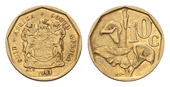 ЮАР 10 центов 1993 KM 135 сталь плакированная латунью 4643-264