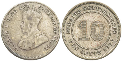 Стрейтс-Сетлментс 10 центов 1926 Георг V (1910-1936) KM 29b серебро 218-845