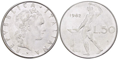 ИТАЛИЯ 50 ЛИР 1982 R, КУЗНЕЦ, ВУЛКАН БОГ ОГНЯ, ДИАМЕТР 25 ММ. KM 95.1 нержавеющая сталь 98-1014