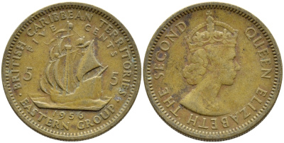 Британские Восточно-Карибские территории 5 центов 1956 Елизавета II (1952-2022), парусник KM 4 никель латунь 4388-1236