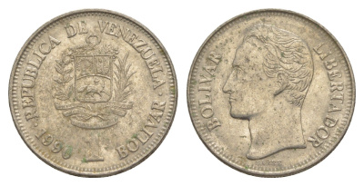 Венесуэла 1 боливар 1990 Симон Боливар, толстый шрифт Y 52a.2 сталь плакированная никелем 4592-112