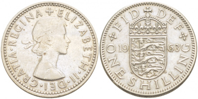 Великобритания 1 шиллинг 1963 Елизавета II (1952-2022), Английский герб KM 904, Spink 4147 медно-никель 77-334