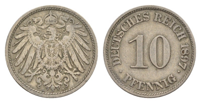 Германия 10 пфеннигов 1897 A, Вильгельм II (1888-1918) KM 12, J. 13 медно-никель 4640-237