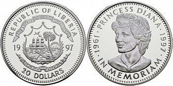 Либерия 20 долларов 1997 в память принцессы Дианы (1961-1997) KM 417 серебро PROOF 02-226-34