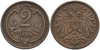 Австрия 2 геллера 1908 Франц Иосиф (1848-1916) KM 2801 бронза 220-831