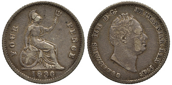 Великобритания 4 пенса (гроут) 1836 Вильгельм IV (1830-1837) КМ 723, Spink 3837 серебро    1524-133