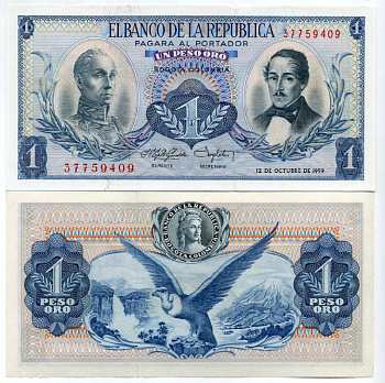 Колумбия 1 песо 1959 12 октября 1959, Симон Боливар и генерал Франсиско де Паула Сантандер Pick 404 a бумага UNC (пресс) 451-92-3