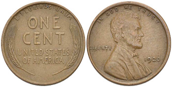 США 1 ЦЕНТ 1920 ЛИНКОЛЬН KM 132 бронза 3309-414