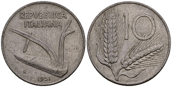 Италия 10 лир 1951 KM 93 алюминий 4176-224