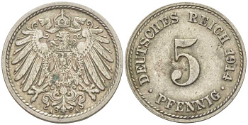 ГЕРМАНИЯ 5 ПФЕННИГОВ 1914 A KM 11, J. 12 медно-никель 105-213