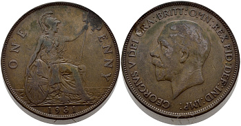 Великобритания 1 пенни 1931 Георг V (1910-1936) КМ 838, Spink 4055 бронза 540-415