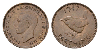 Великобритания 1 фартинг 1947 Георг VI (1936-1952) KM 843, Spink 4116 бронза 4674-813