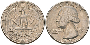 США 25 центов = квотер = 1/4 доллара 1970 D, Вашингтон KM 164a медь плкированный медно-никелем 4551-255