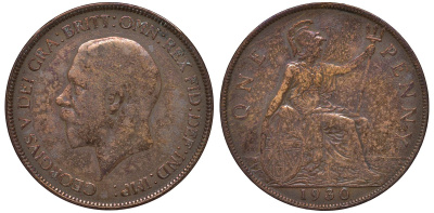 Великобритания 1 пенни 1930 Георг V (1910-1936) KM 838, Spink 4055 бронза 4131-416