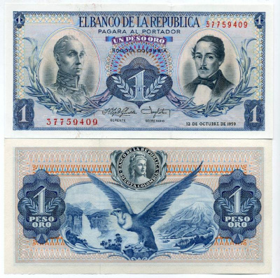 Колумбия 1 песо 1959 12 октября 1959, Симон Боливар и генерал Франсиско де Паула Сантандер Pick 404 a бумага UNC (пресс) 451-92-3