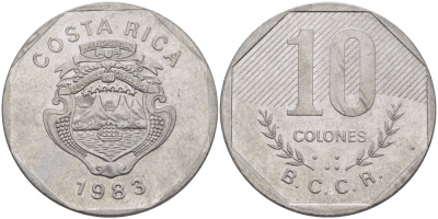 Коста-Рика 10 колонов 1983 B.C.C.R. KM 215.1 нержавеющая сталь 82-1013