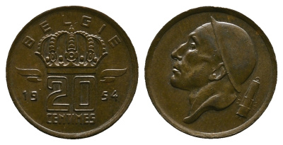 Бельгия 20 сантимов 1954 Belgie, Бодуэн I (1951-1993) KM 147.1 бронза 220-747