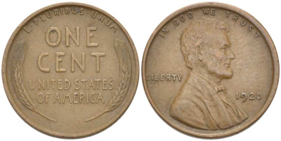 США 1 ЦЕНТ 1920 ЛИНКОЛЬН KM 132 бронза 3309-414