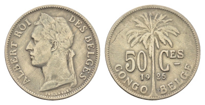 Бельгийское Конго 50 сантимов 1925 Надпись на французском - 'ALBERT ROI DES BELGES' KM 22 медно-никель 4678-1055