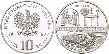Польша 10 злотых 1997 MW, 1000 летие со дня смерти Святого Адальберта Пражского, тираж 25000 экземпляров KM 321 серебро PROOF 1084-7-35
