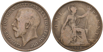 Великобритания 1 пенни 1918 Георг V (1910-1936) KM 810, Spink 4051 бронза 4572-1231