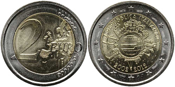 Италия 2 евро 2012 10 лет монетарной политике и наличному евро KM 350 биметалл UNC 115-944