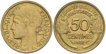 ФРАНЦИЯ 50 САНТИМОВ 1932 ТИП MORLON, CLOSED 9, БЕЗ ЯГОДЫ KM 894.1, LE FRANC 192.7 алюминиевая бронза 44-734