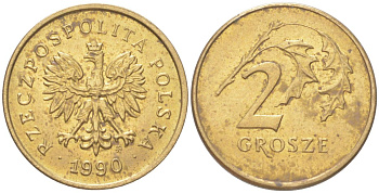 Польша 2 гроша 1990 Y 277 марганец латунь UNC 4614-259